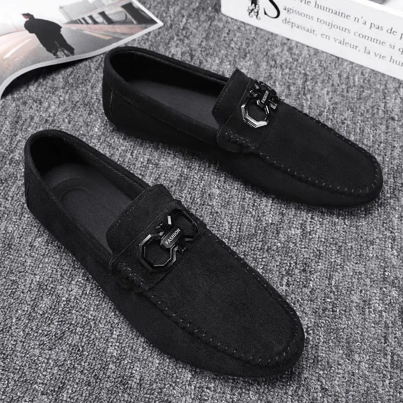 Men's black and grey suede leather casual shoes with rubber sole for summer.