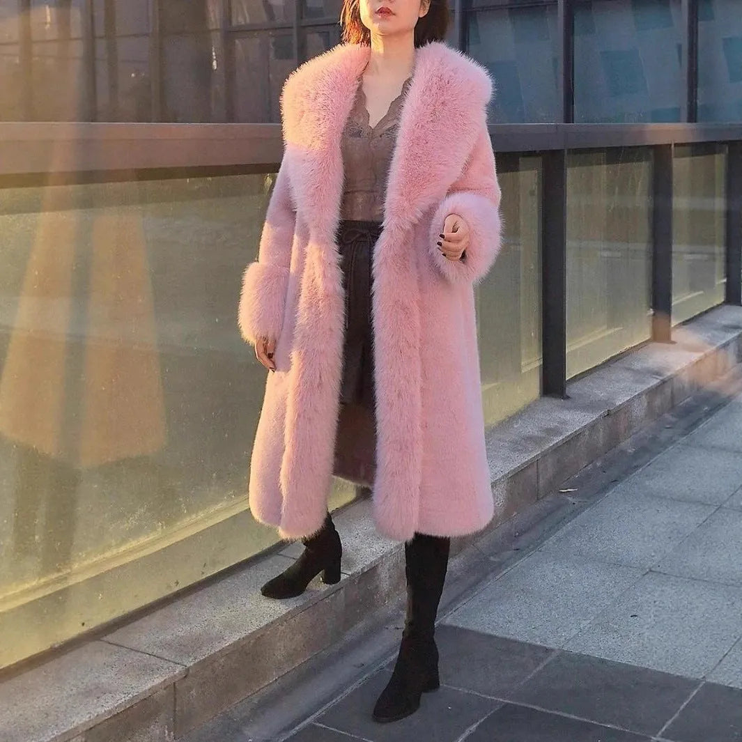 Women's thick faux rabbit fur mid-length coat with fur collar in black, grey, pink, or white, showing 80cm length and regular sleeves.