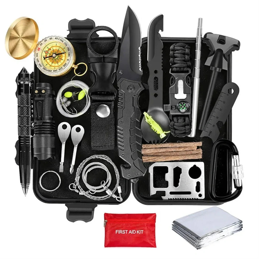 Outdoor survival kit with alloy tools and plastic components in multiple colour options