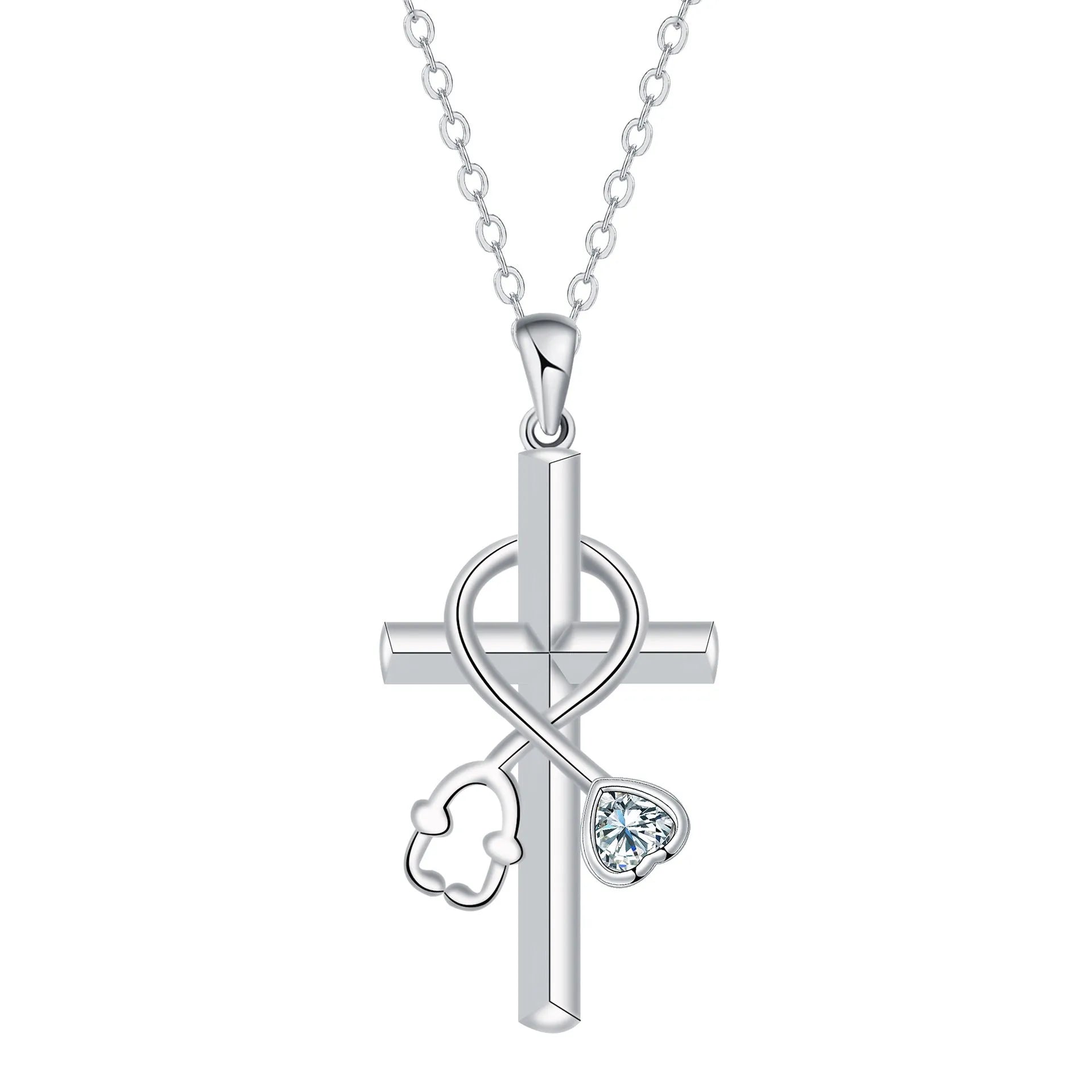 Medical-themed cross necklace with stethoscope pendant on copper chain