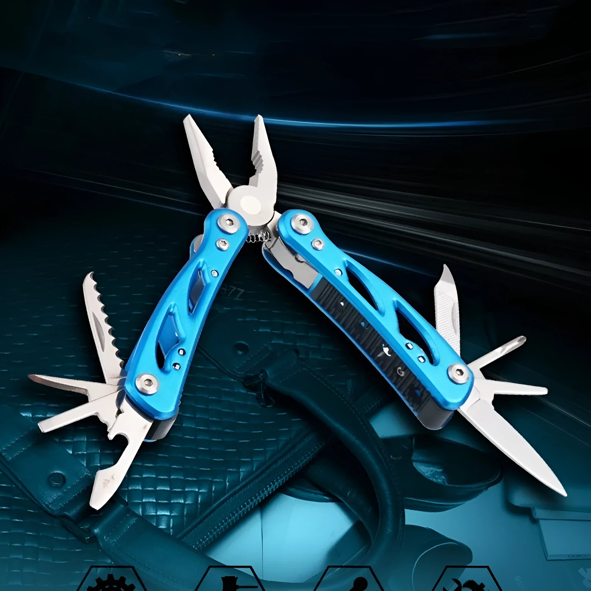 Blue foldable multi-function outdoor pliers with fruit knife tool next to Oxford carrying bag