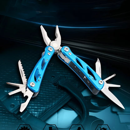 Blue foldable multi-function outdoor pliers with fruit knife tool next to Oxford carrying bag