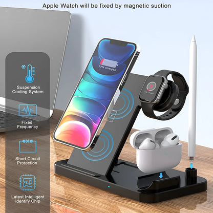 Black four-in-one wireless phone charger with QC3.0 charging head
