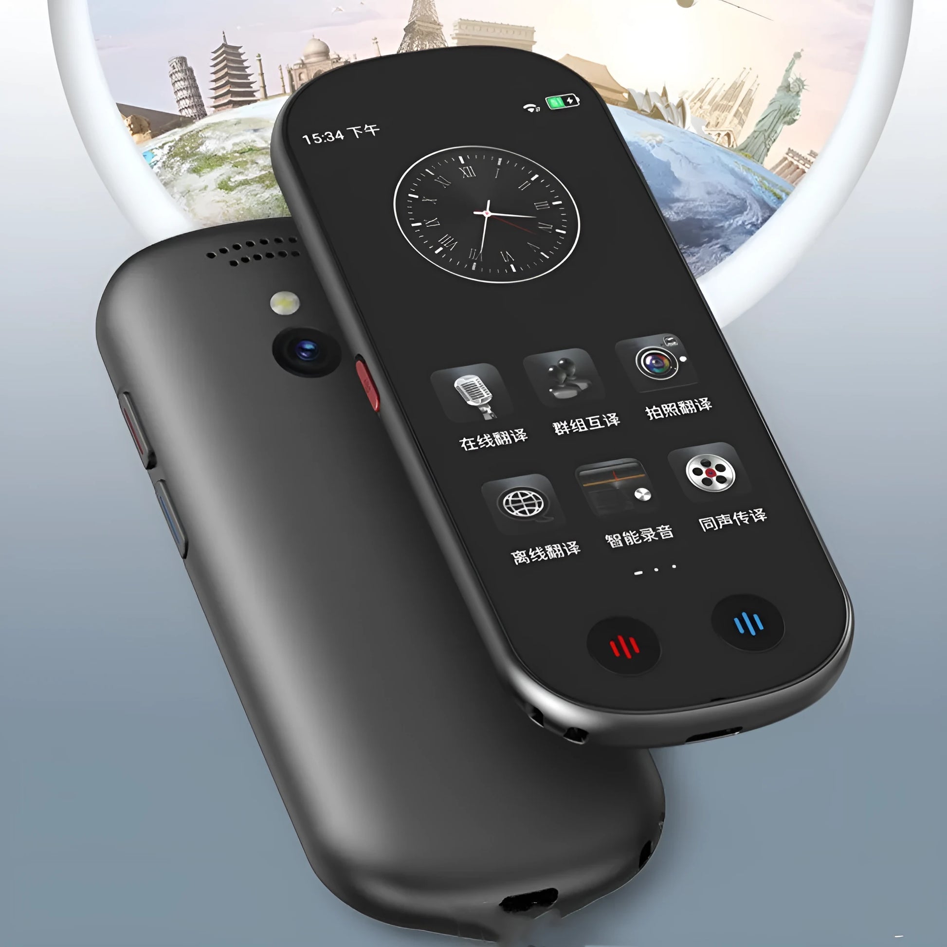Black electronic simultaneous interpretation translator device with attached lanyard.