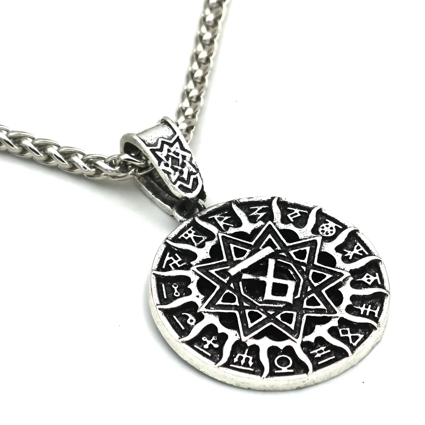 Lunavin ODing logo pendant on an adjustable snake bone chain and leather rope in antique bronze finish.