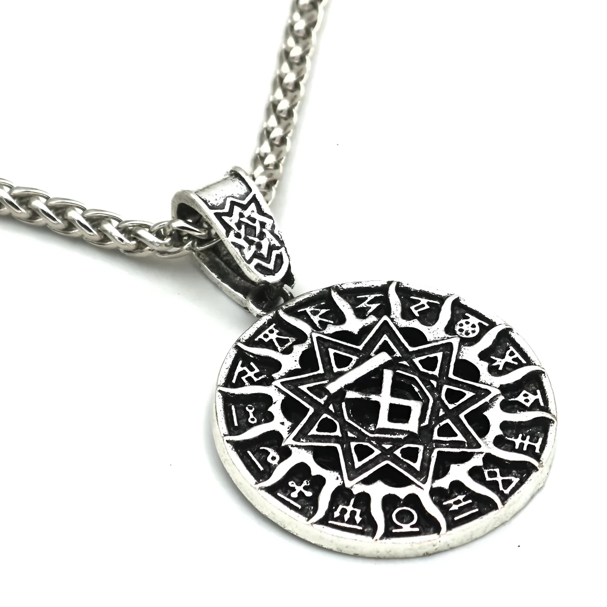 Lunavin ODing logo pendant on an adjustable snake bone chain and leather rope in antique bronze finish.