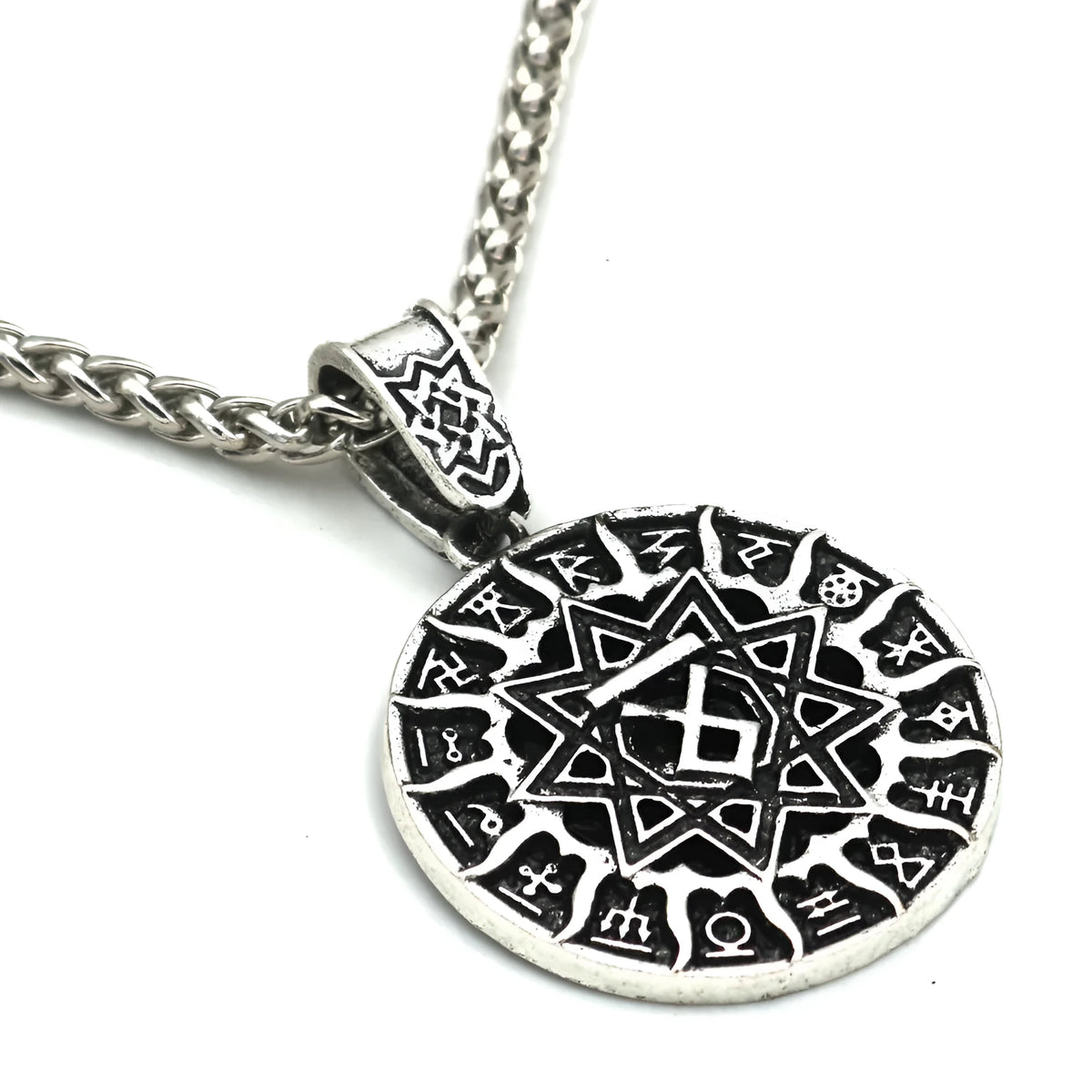 Lunavin text logo pendant on an adjustable snake chain with antique silver finish
