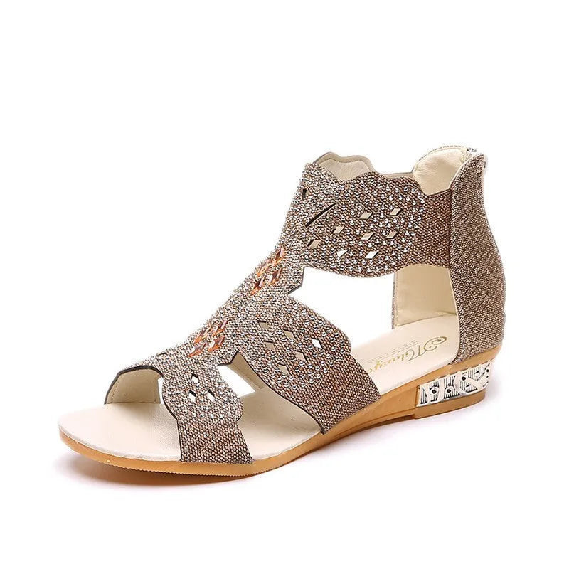 Women's black open toe flat sandals with rhinestone details and back zipper closure