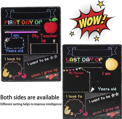 Wooden first day of school blackboard sign on a natural wood background.
