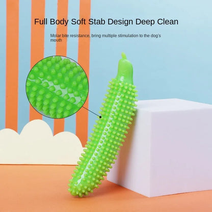 Green cucumber-shaped dog teething chew toy for bite resistance and interactive play.