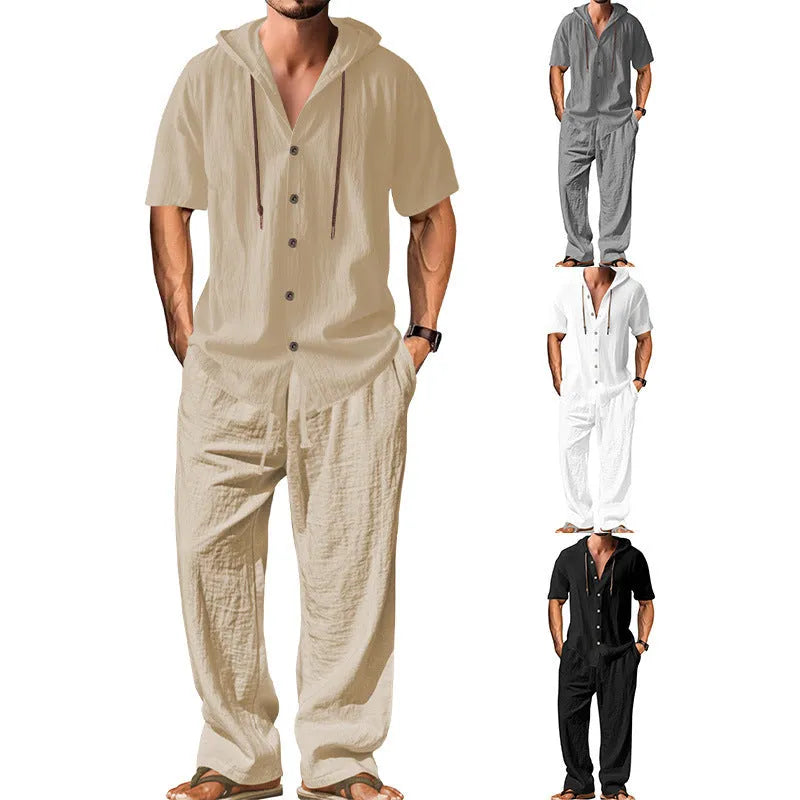 Men's white cotton sports leisure suit with long sleeves and matching trousers shown as complete two-piece set