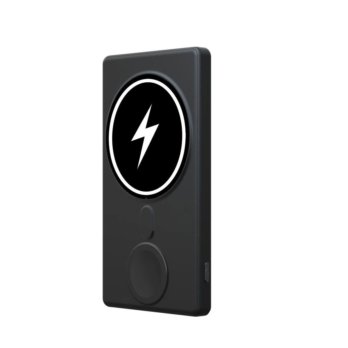 Black ultra-thin magnetic wireless charging power bank showing iPhone attached and iWatch cable connected