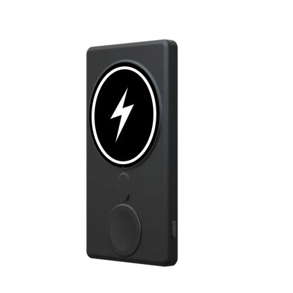 Black ultra-thin magnetic wireless charging power bank showing iPhone attached and iWatch cable connected