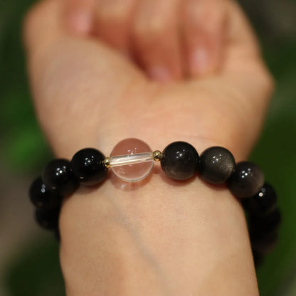 Women's white crystal cat eye obsidian bracelet with pink beads in Chinese geometric pattern