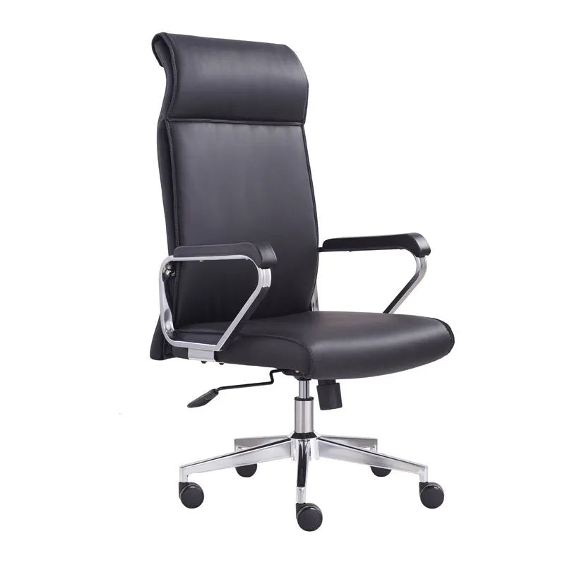 Black leather swivel office chair with armrests and a metal frame.