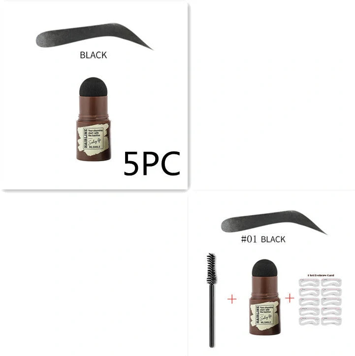 Eyebrow stamp kit with powder compact, air cushion applicator, 10 stencil cards, and dual-ended brow brush on white background
