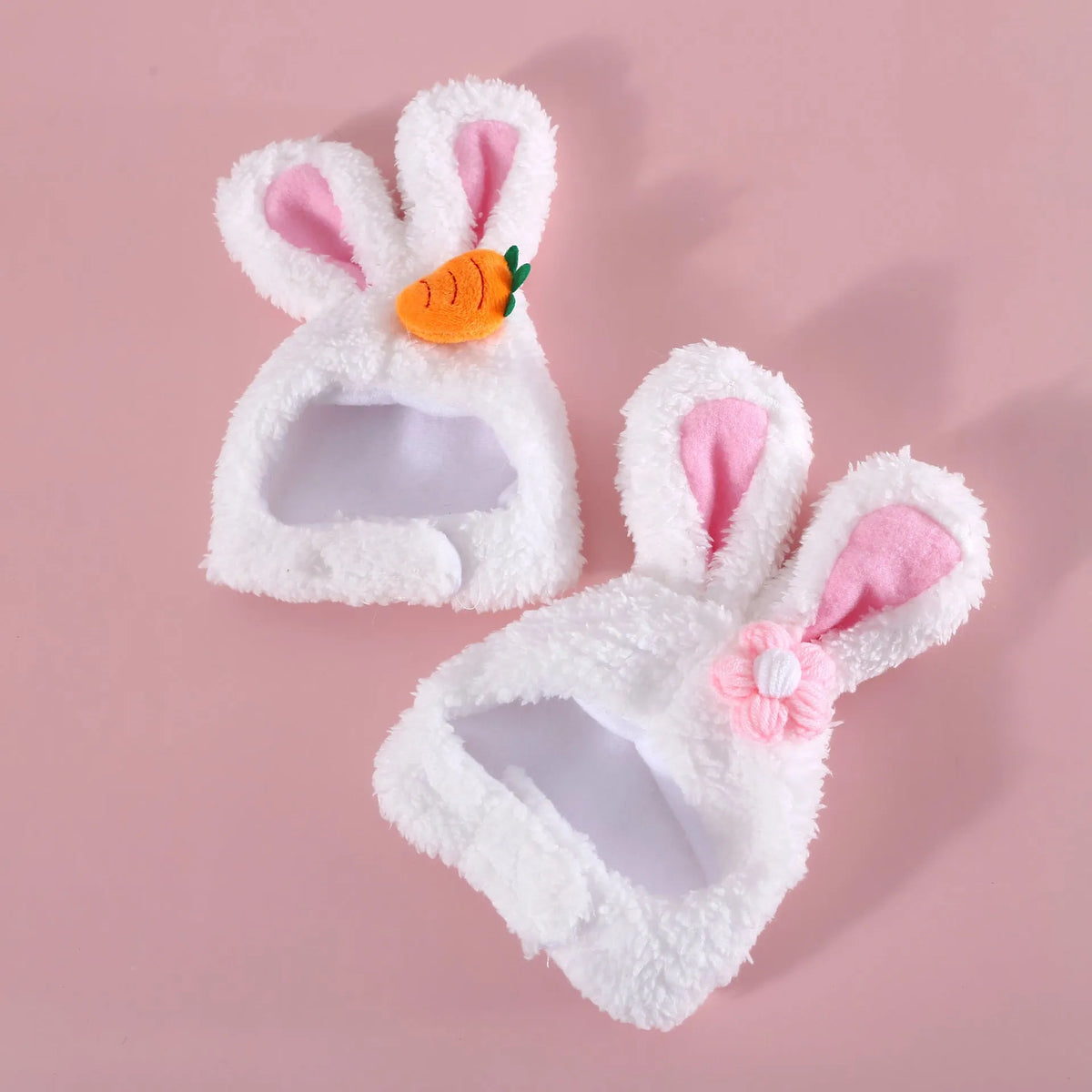 Plush cartoon rabbit ear pet hat in soft Polar Fleece, available in Carrot or Flower design, fits 28-35cm heads.