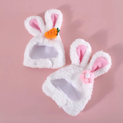 Plush cartoon rabbit ear pet hat in soft Polar Fleece, available in Carrot or Flower design, fits 28-35cm heads.