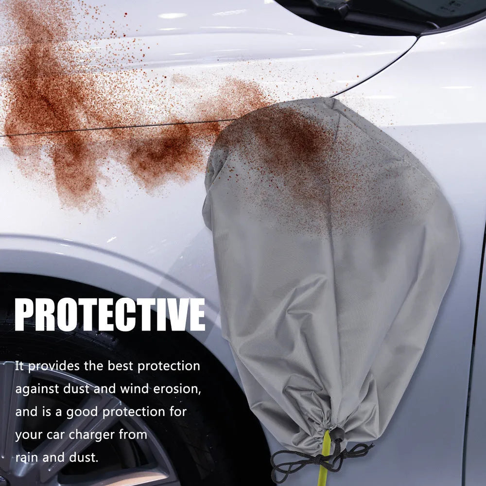 Grey waterproof cover for electric vehicle charging port with drawstring closure