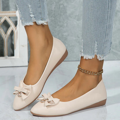 Plus size women's flat casual shoes with bowknot detail and shallow mouth design in beige