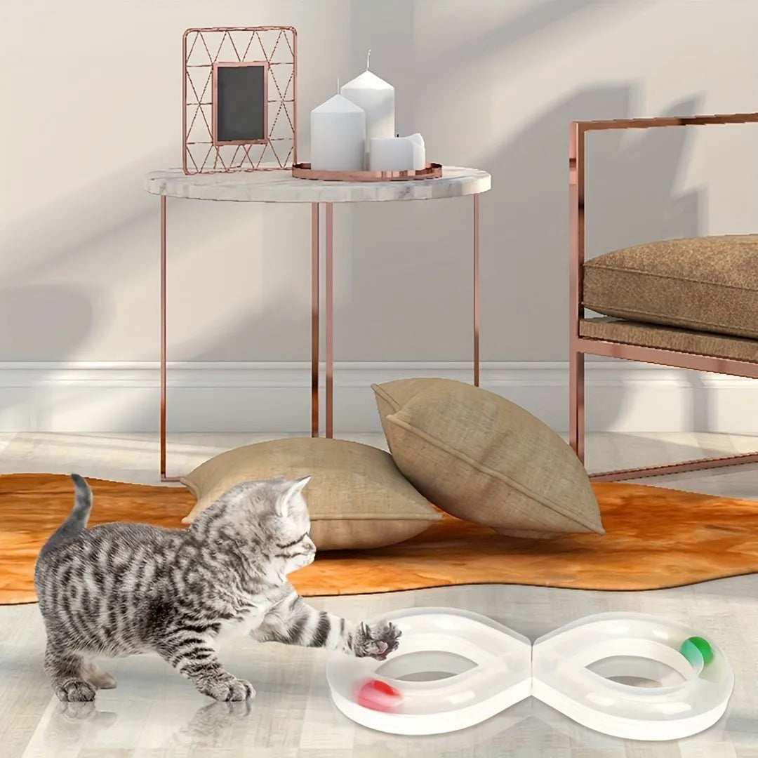 Interactive cat turntable track toy with ball system and teasing stick for feline enrichment