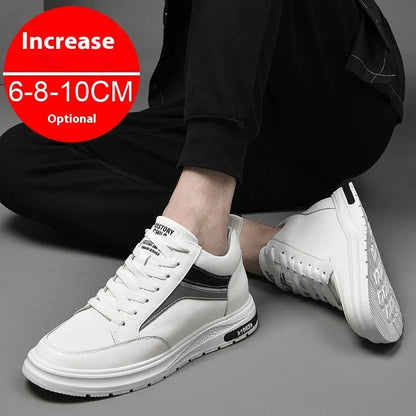 Men's white and black low-top casual sneakers with round toe and lace-up front, showcasing sewing line detail.