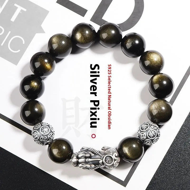 Men's S999 sterling silver and obsidian bracelet with leather strap in geometric design.