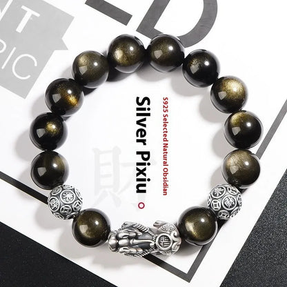 Men's S999 sterling silver and obsidian bracelet with leather strap in geometric design.