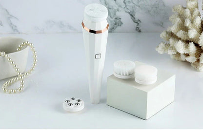 4-in-1 USB rechargeable facial cleansing brush with soft silicone brushes for deep cleaning and radiant skin