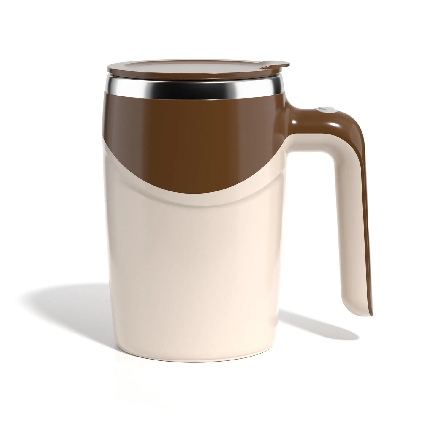 White automatic stirring coffee cup with magnetic mixing technology and modern design