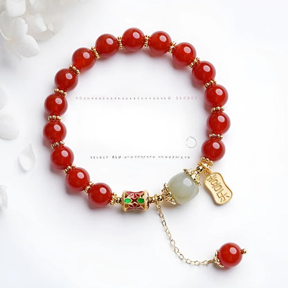 Women's red agate and Hetian jade bracelet with gold plating in original design