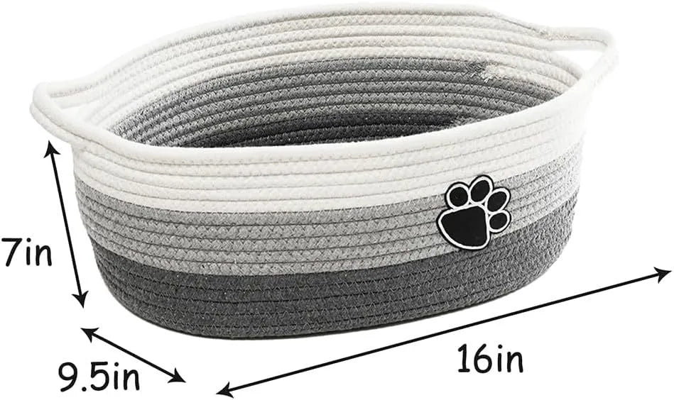 Handmade light beige cotton rope storage basket with handle, dimensions 34cm by 26cm by 15cm