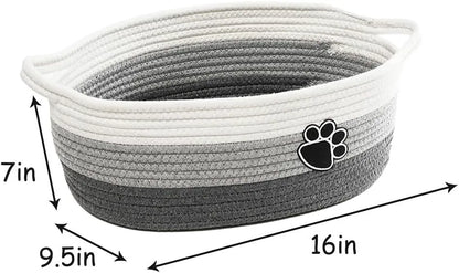 Handmade light beige cotton rope storage basket with handle, dimensions 34cm by 26cm by 15cm
