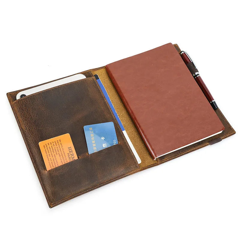 Brown Crazy Horse leather A5 notebook protective sleeve with square shape and socket style opening