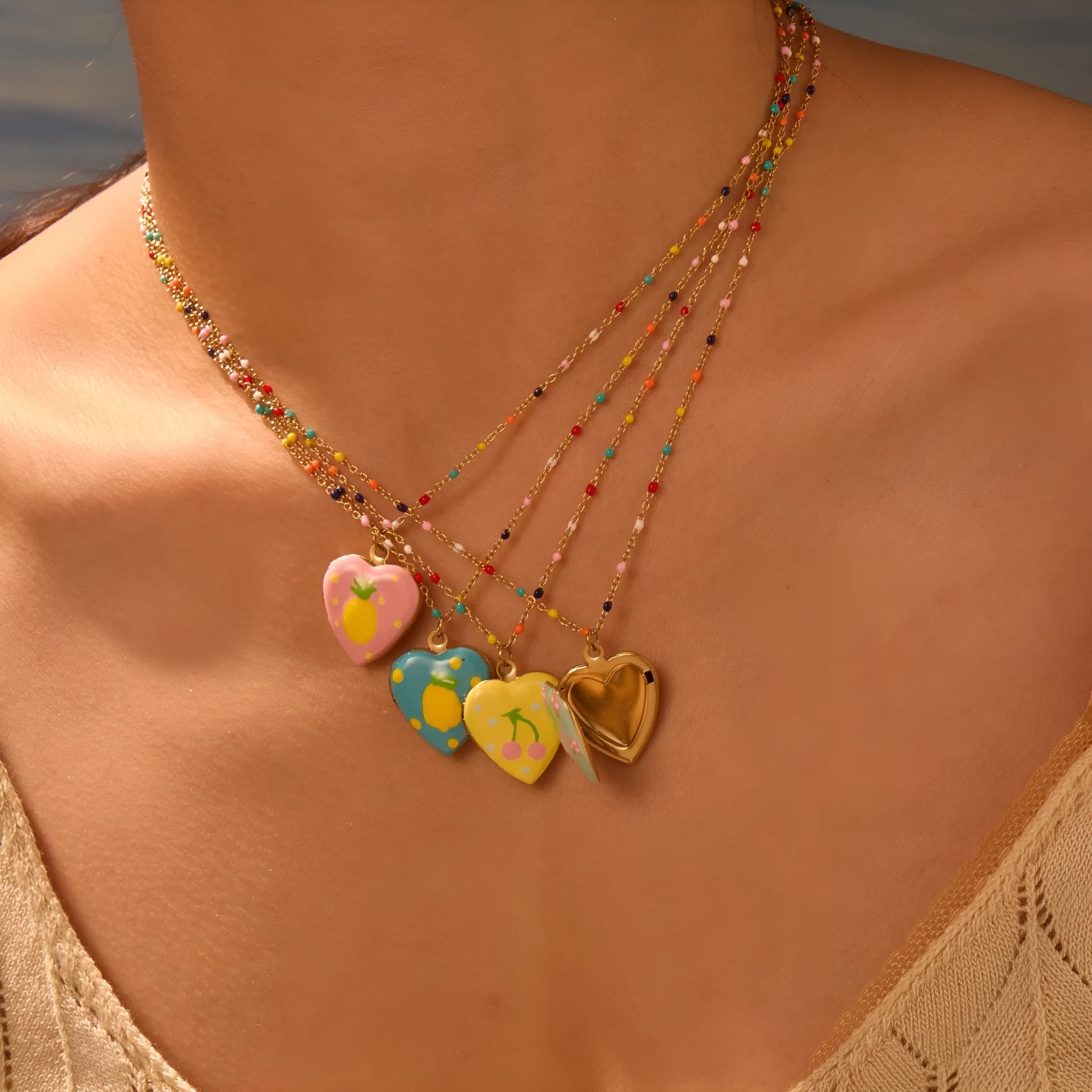 Stainless steel fruit pendant necklace with gold plating on adjustable 41-50cm chain
