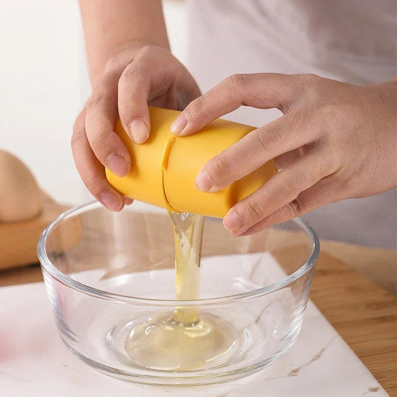 Premium egg cracker and separator made of stainless steel and plastic, available in various colors, used for effortless egg preparation in the kitchen