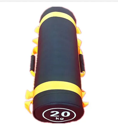 White PVC training sandbag with leather exterior shown in gym setting with weight options from 5kg to 30kg