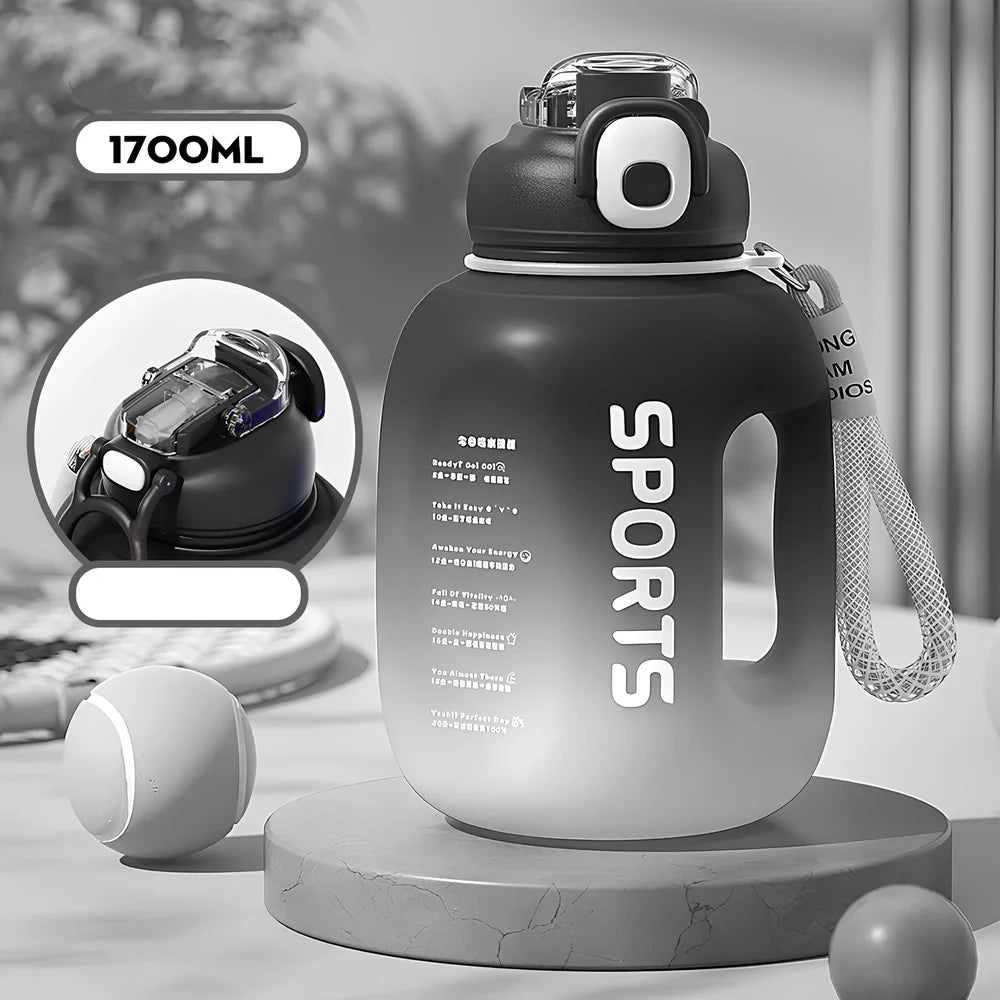 Red 1.7L portable sports water bottle in ton ton barrel shape, 22cm tall with 13.3cm diameter for outdoor fitness use