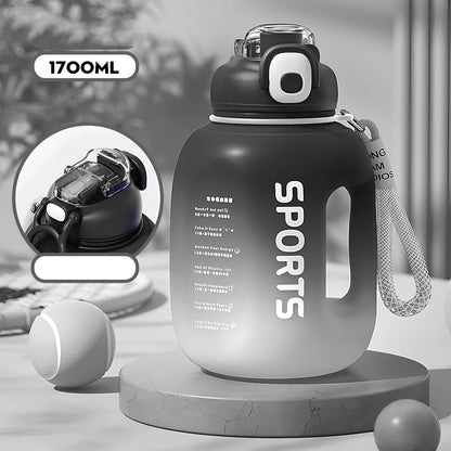 Red 1.7L portable sports water bottle in ton ton barrel shape, 22cm tall with 13.3cm diameter for outdoor fitness use