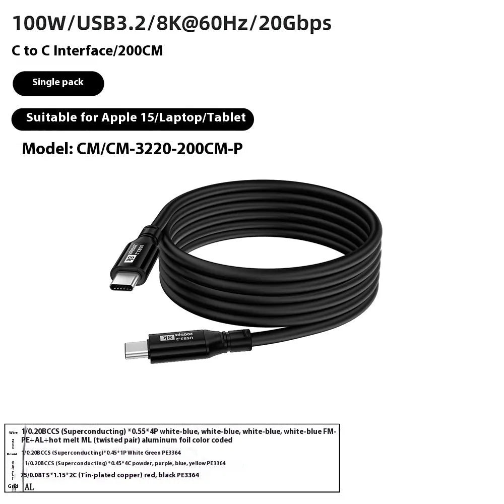 Black USB C to C HDMI cable with Type-C connectors, PVC jacket, and 8K 60Hz 20Gbps 100W ratings