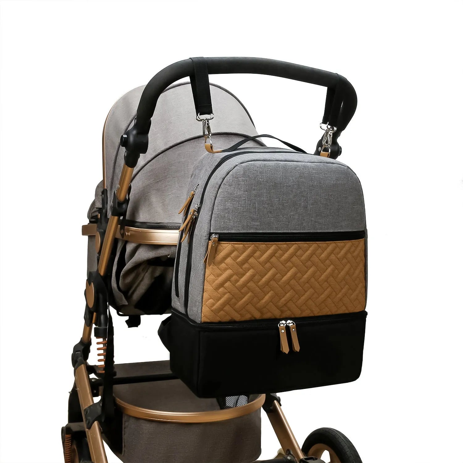 Grey insulated mother and child travel backpack with curved shoulder straps shown from the side