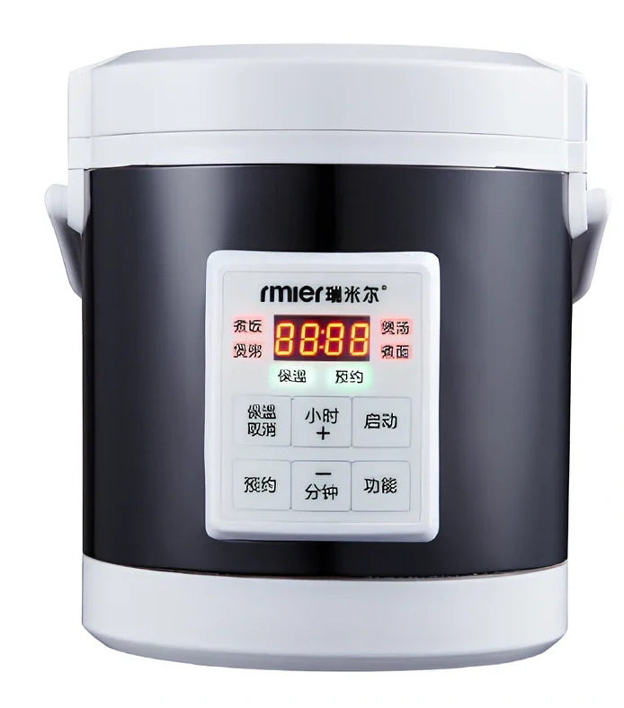 Blue cylindrical 1.6L vehicle rice cooker with cigarette lighter power cable and accessories