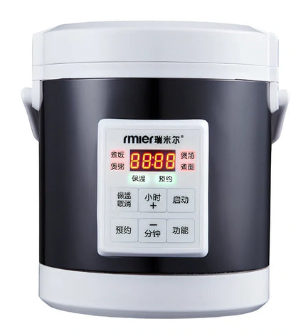 Blue cylindrical 1.6L vehicle rice cooker with cigarette lighter power cable and accessories