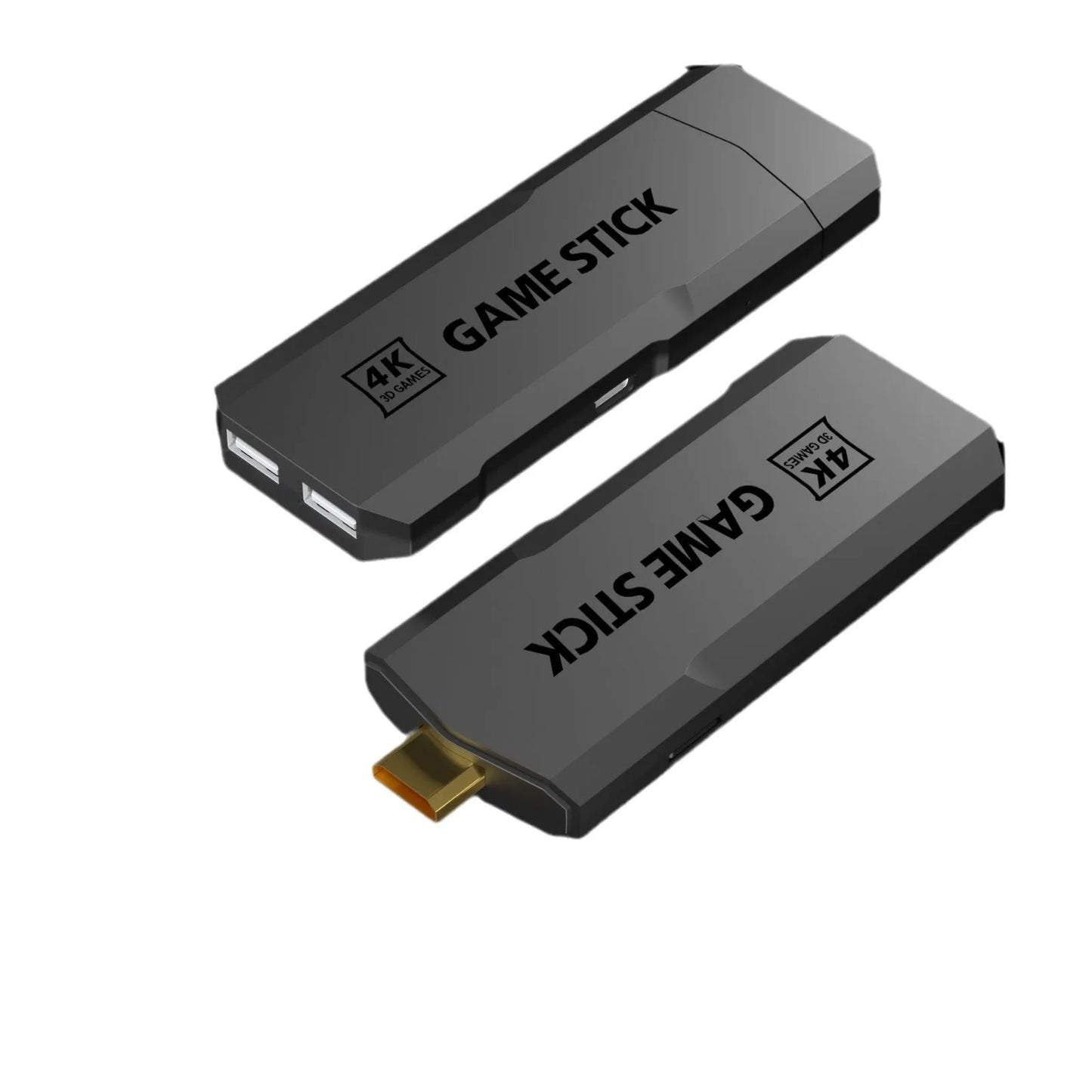 HD home TV game console with wireless handle on a black background, showing HDMI port and compact size.