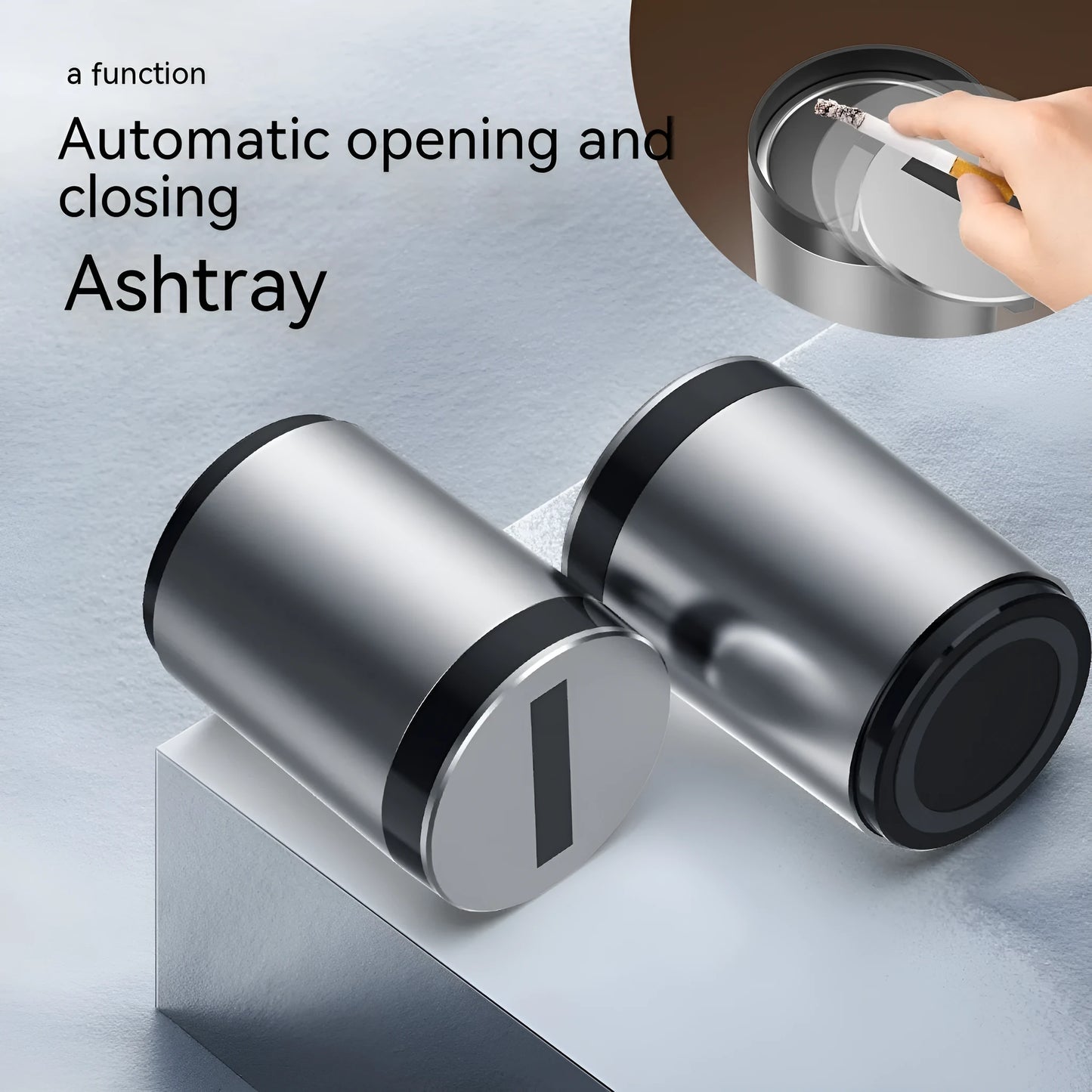 Silver aluminium intelligent induction ashtray with automatic opening lid for car and home use.