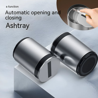 Silver aluminium intelligent induction ashtray with automatic opening lid for car and home use.