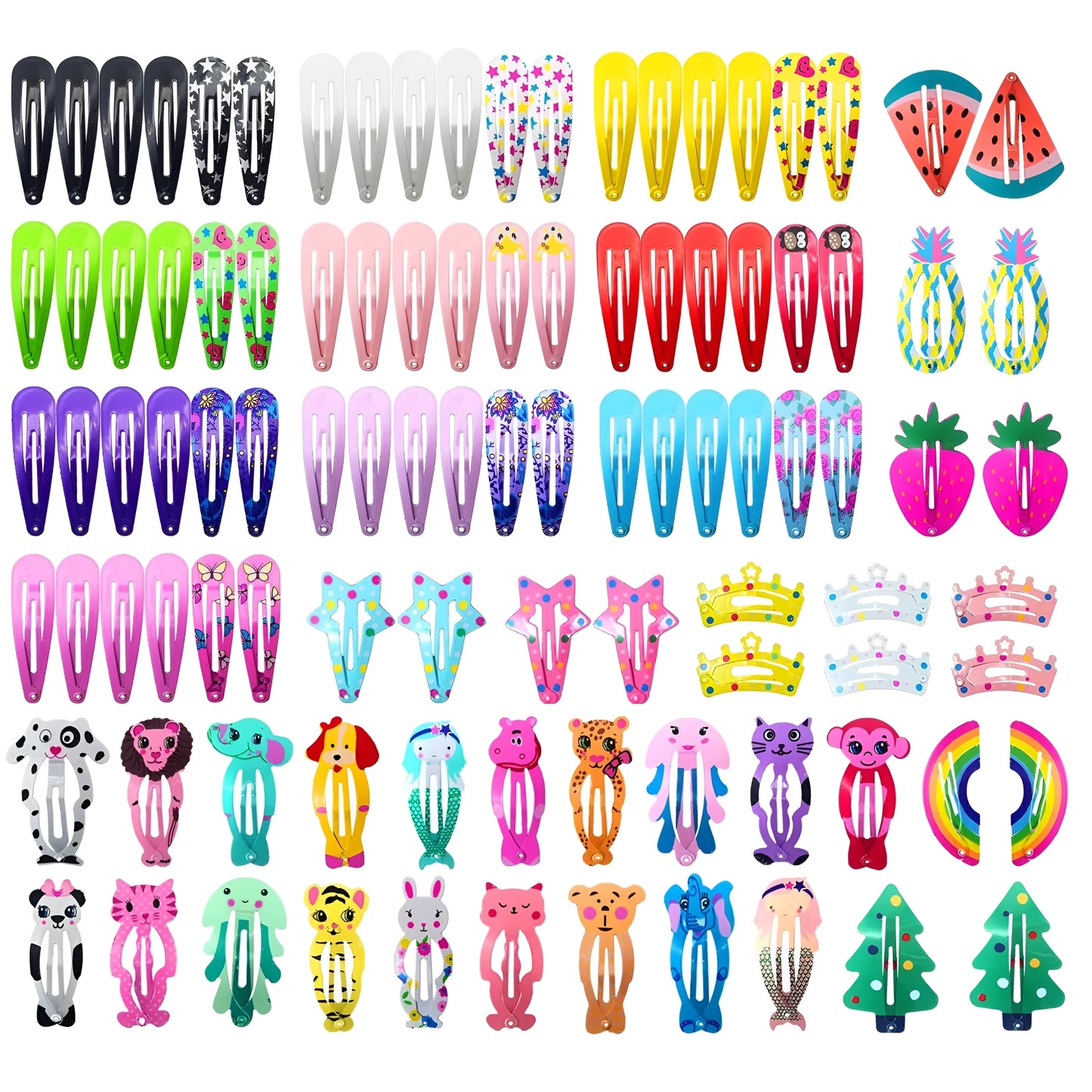 Assortment of 100 hair clips with cartoon designs including animals, fruits, crowns and stars in bright colours