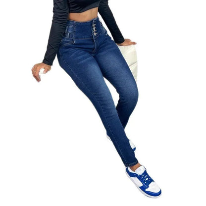 Dark blue women's cotton denim trousers with breasted waistband and straight-leg fit.