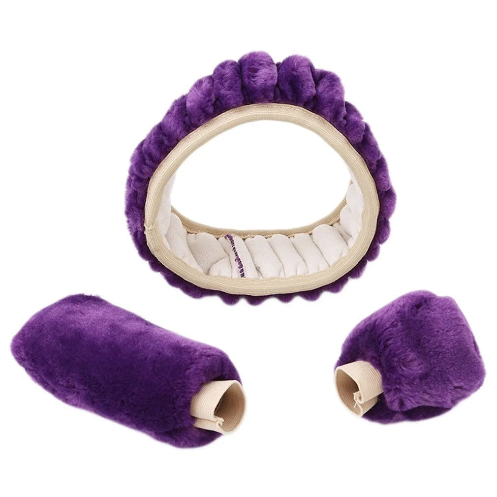 Plush winter steering wheel cover set with gear shift and handle covers in six colour options