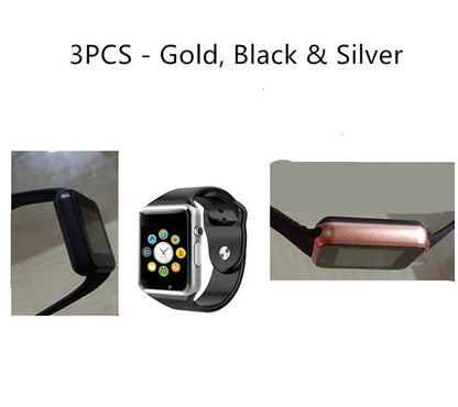 A1 Android Smart Watch with 1.54-inch screen shown in multiple colour options including black, silver, and gold.